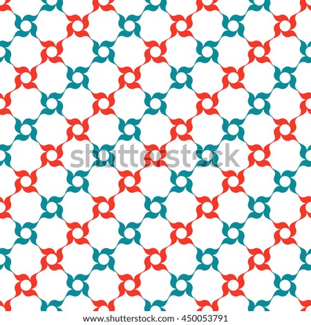 Oriental arabesque pattern. Lattice of stylized four-petal pinwheel-shaped flowers set in diagonal red and blue stripes on white background. Vector seamless repeat.