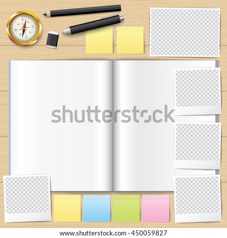 Blank opened book. Blank book with pencil. Compass vector. Photo frame vector. note pad. use for graphic, creative, business, education, vector illustration