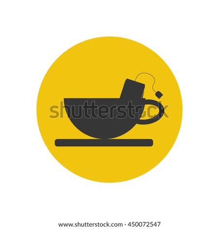 Cup and tea bag silhouette on the yellow background. vector illustration