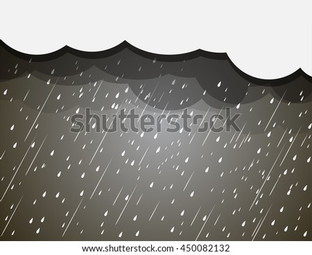 Heavy rain in dark sky, rainy season, clouds and storm, weather nature background, vector illustration.
