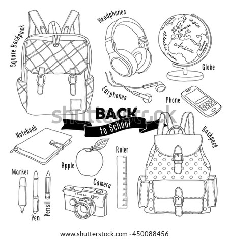 Set "Back to School". Backpack, pen, pencil, ruler, marker, globe, earphones, headphones, phone, apple, notebook. Vector black and white illustration.