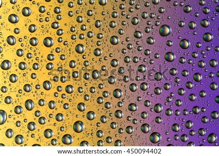 Drops of water on glass on a colored background, large