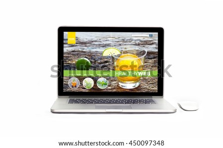 Laptop with healthy website on the screen on isolated white background, infusion diet and detox, all screen graphics are design up