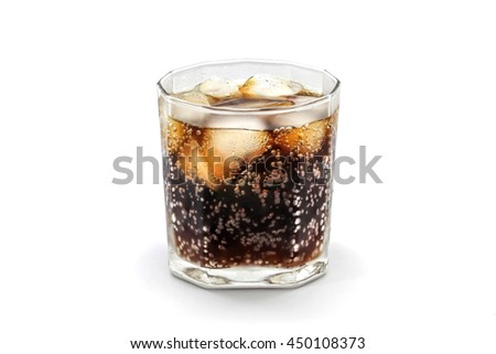 Glass of cola with ice cube isolated on white background with clipping path