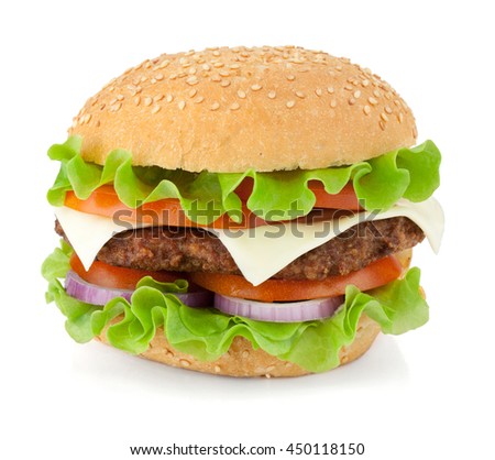 Fresh burger with beef, cheese, onion and tomatoes. Isolated on white background
