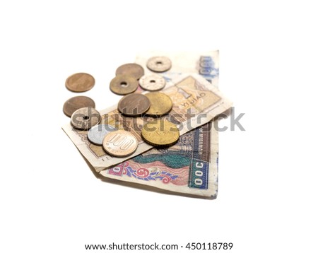 Isolate asian currency bank notes and coins
