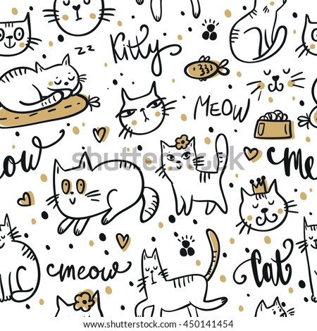 Seamless pattern with Cute cat. Pet animal vector illustration Royalty-Free Stock Photo #450141454