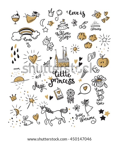 Set of doodle princess and fantasy icon and and design element for invitation and greeting card.   Royalty-Free Stock Photo #450147046