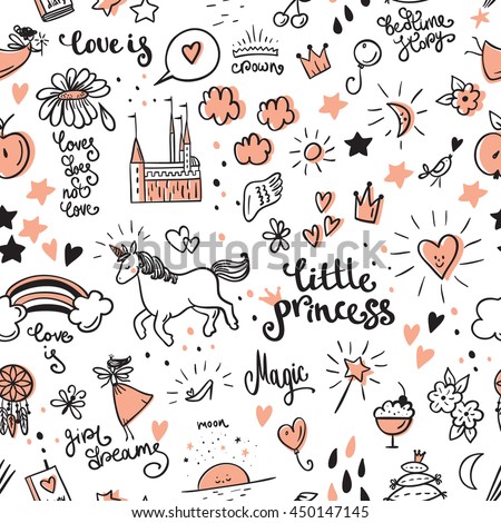 Set of doodle princess and fantasy icon and and design element for invitation and greeting card.  Seamless pattern Royalty-Free Stock Photo #450147145