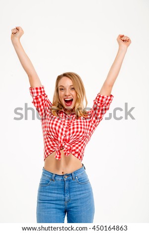 Portrait of beautiful country girl surprised over white background.