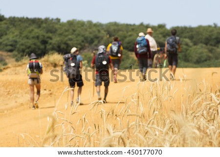 unfocused pilgrims near Astorga , Way of St James,  Camino de  Santiago, to Compostela, Leon, Spain Royalty-Free Stock Photo #450177070