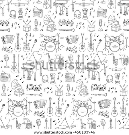 Music icons vector illustrations hand drawn doodle seamless background.  Musical instruments and symbols piano, guitar, drum set, gramophone, microphone, violin,  accordion, saxophone, headphones.