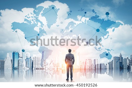 International business concept with businessman on New York city background with network on map and sunlight