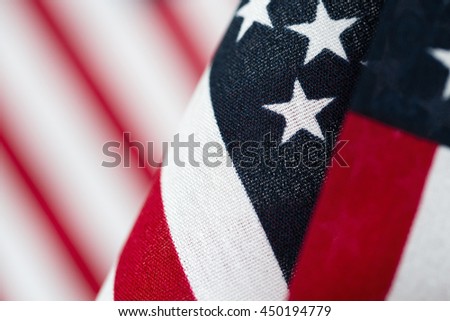 A very shallow depth of field focusing on a small section of the American flag as it is folded on the flag pole. This delightful photo can be used as a horizontal or vertical format with copy space