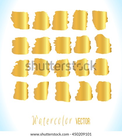 Abstract gold watercolor blots set. Vector illustration. Traditional golden decor on white  background
