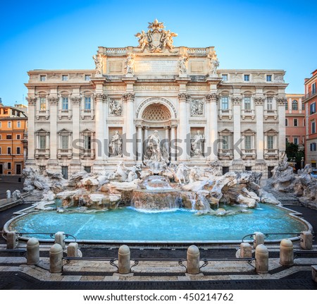 Trevi fountain at sunrise, Rome, Italy. Rome baroque architecture and landmark. Rome Trevi fountain is one of the main attractions of Rome and Italy Royalty-Free Stock Photo #450214762