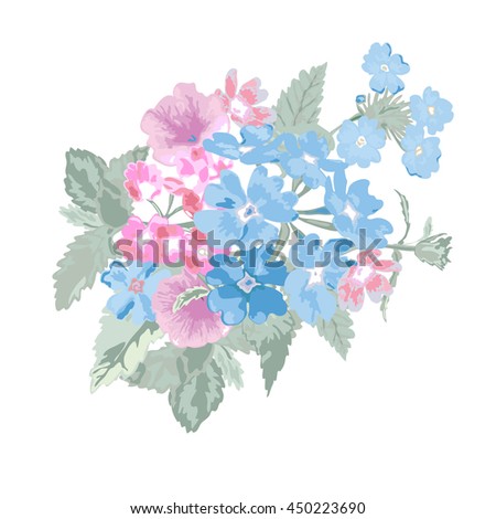 Elegant bouquet with verbena and petunia flowers, design element. Floral composition can be used for wedding, baby shower, mothers day, valentines day cards, invitations. Vector in watercolor style