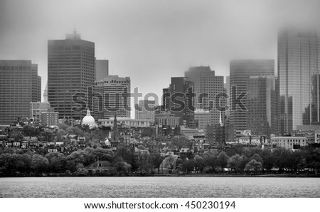 Beacon Hill Boston from across Charles river, black and white