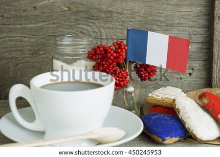 Patriotic Breakfast Concept - France flag, decoration color red, blue, sweets, miniature bucket with red berries. Concept - information holidays, dates and events Note  for text