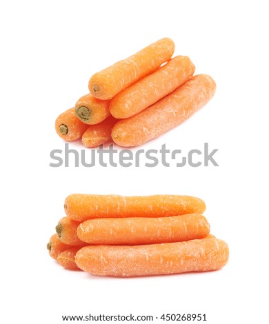 Pile of baby carrots isolated over the white background, set of two different foreshortenings