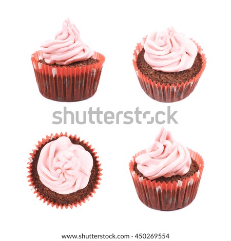 Single chocolate muffin coated with the pink cream frosting, composition isolated over the white background, set of four different foreshortenings