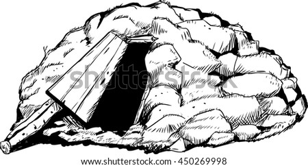Outlined illustration of Sami goahti earth dwelling with open door