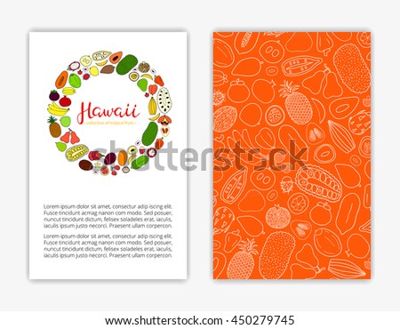 Editable card templates with hand drawn hawaii fruits and text. Used clipping mask.