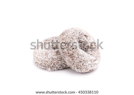 Donut with white coconut isolated on white background