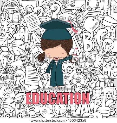 Girl graduated pupils back of education background, drawing by hand vector