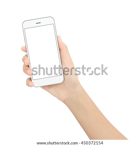 hand holding black phone isolated white clipping path inside