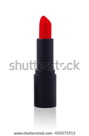 Isolate red lipstick in black tube on white background, beauty concept