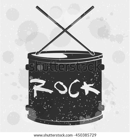 Grunge drum. Hand draw sketch Rock and Roll illustration. Rock and Roll tattoo print. vector illustration.