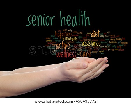 Concept conceptual old senior health, care or elderly people abstract word cloud in hand isolated on background, metaphor to healthcare, illness, medicine, assistance, help, treatment, active or happy
