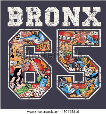 Bronx new york , artwork for boy t shirt with tattoo old school pattern, grunge effect in separate layer