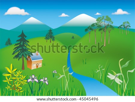 Spring mountain scenery with stream, green grass, trees, flowers and little house, vector illustration