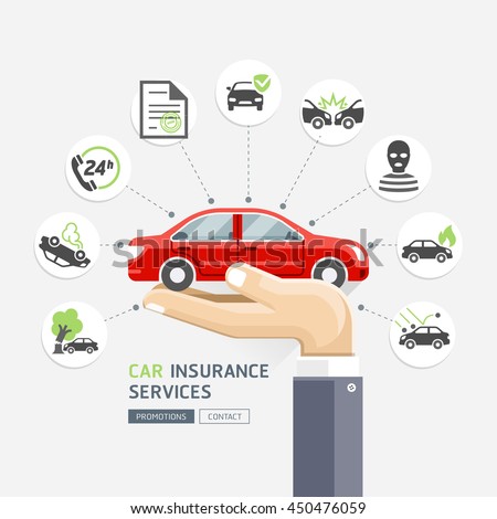 Car insurance services. Business hands holding red car. Vector Illustrations.