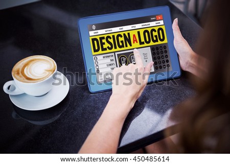 Webpage for create a logo against woman having coffee and using her tablet