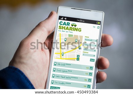 man hand holding car sharing smartphone. All screen graphics are made up.