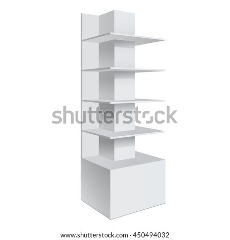 Promotion shelf. Retail Trade Stand Isolated on the white background. Slender white shelves. Mock Up Template. Vector illustration.