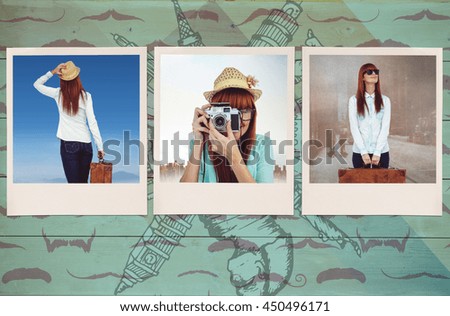 Rear view of hipster woman holding suitcase against composite image of mustaches