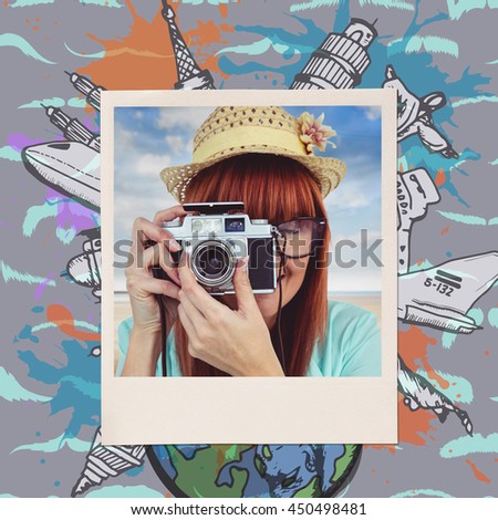 Portrait of a smiling hipster woman holding retro camera against composite image of mustaches