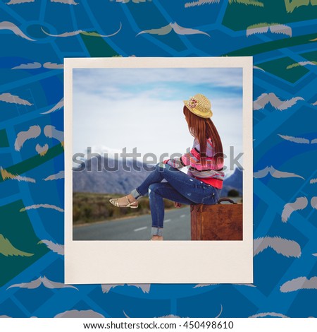 Hipster woman sitting on her suitcase against composite image of mustaches