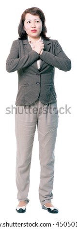 Young surprised or shocked business woman cutout picture. Human face expressions and emotions. Full length portrait isolated on white background.