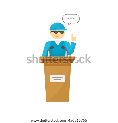 Spokesman vector illustration isolated on white background, flat cartoon speaker person on podium with shadow, business orator speaking, talking