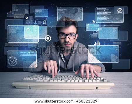 A confident young hacker working hard on solving online password codes concept with a computer keyboard and illustrated digital screen, numbers in the background