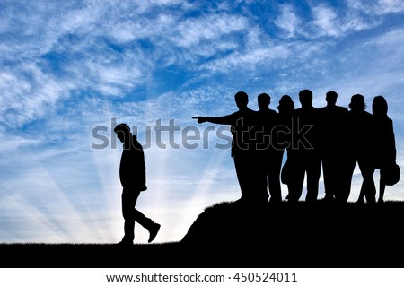 Discrimination concept. Silhouettes of people crowd expel the man from their community. Royalty-Free Stock Photo #450524011