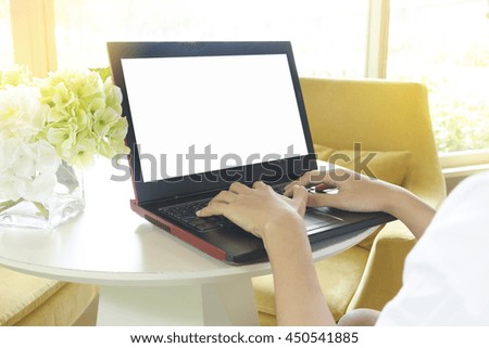 woman holding credit card with laptop at cafe with sun ray light in morning ,Shopping Online