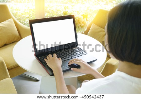 woman holding credit card with laptop at cafe with sun ray light in morning ,Shopping Online