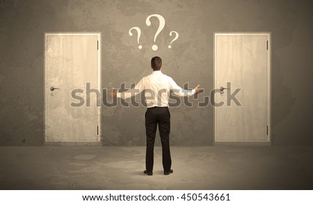 Salesman standing in front of two doors, unable to make the right decision concept with question marks above his head