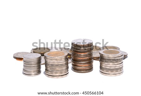Progress and wealth of silver coins stacks, isolate on white background